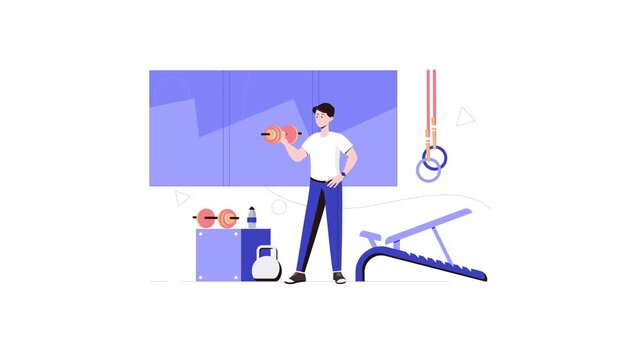 Animated man working out in gym with dumbbell and fitness equipment