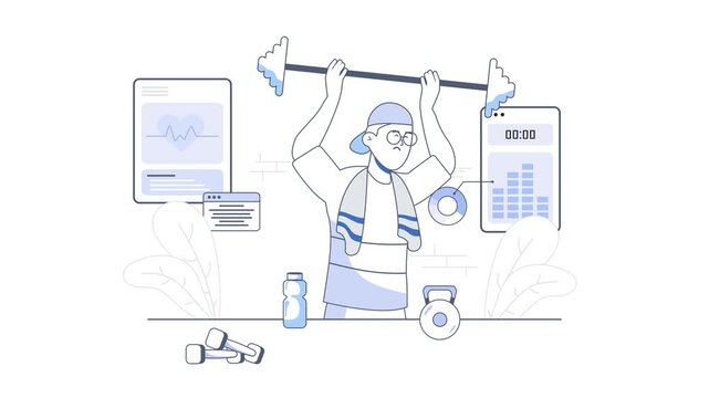 Animated athlete doing pull-up workout with fitness app and health tracker