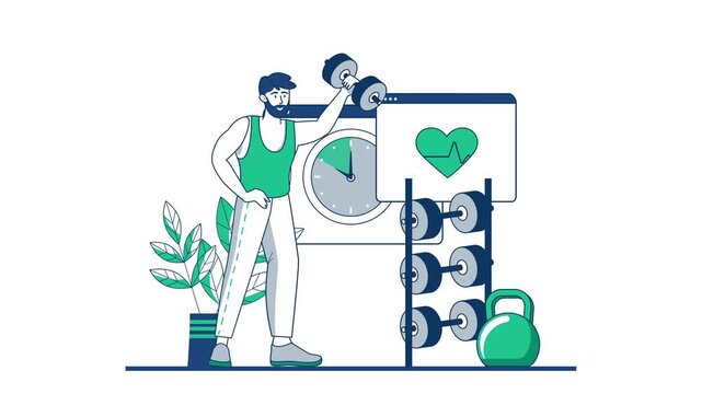 Animated man lifting dumbbell beside heart health monitor and weights