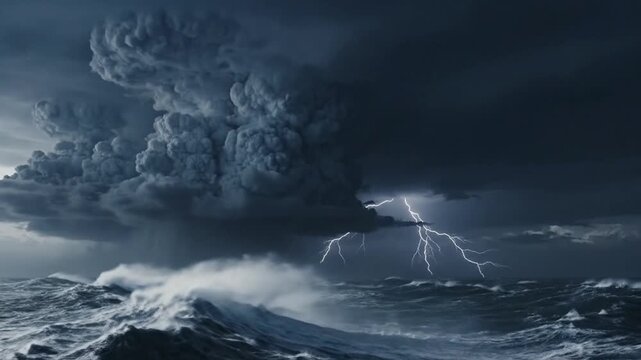 Dramatic stormy sea with lightning and large waves under dark clouds.