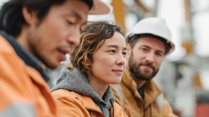 Fototapeta premium Three people, two men and a woman, standing in front of a construction site. they are all wearing hard hats and jackets, suggesting that they are working on a construction project.