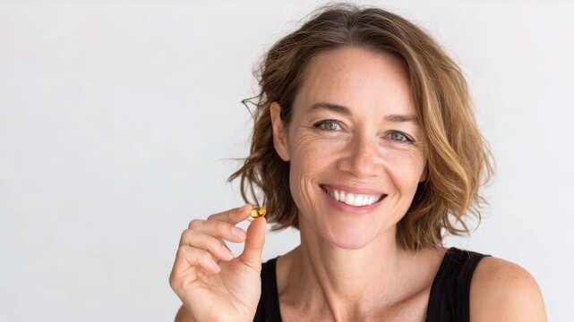 Smiling mature woman holding omega capsule in hand, on light background. The concept of the importance of taking vitamins and nutrients, health care