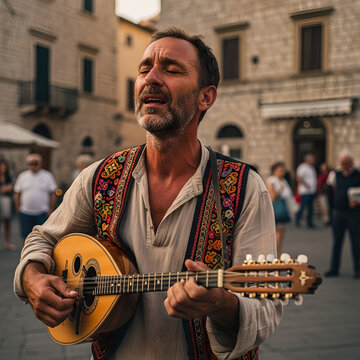 Street musician playing mandolin in old European town square