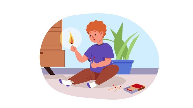 Child playing with a lit match near matchbox indoors animation