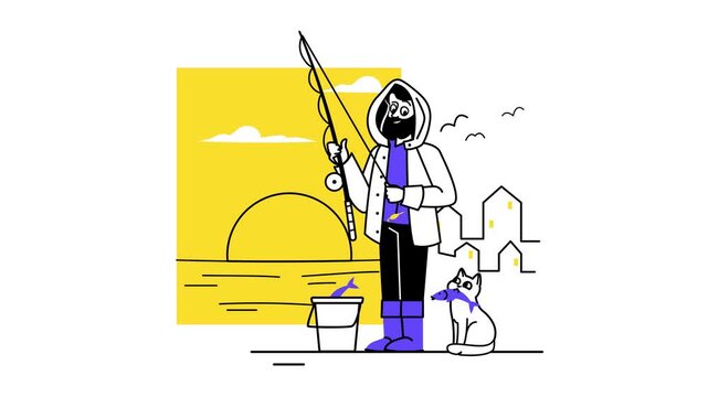 Animated fisherman with cat catching fish at seaside sunset illustration
