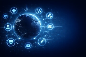 Obraz premium Global healthcare technology network connecting earth with medical icons and futuristic blue lights in space