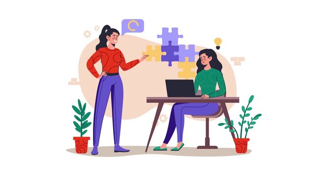 Two women collaborating on laptop with puzzle pieces flat animation