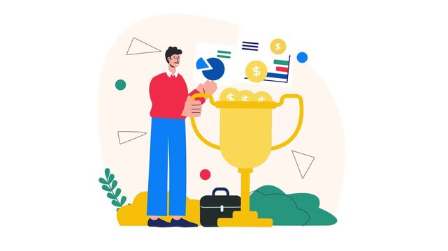 Animated businessman celebrating financial growth beside trophy and charts