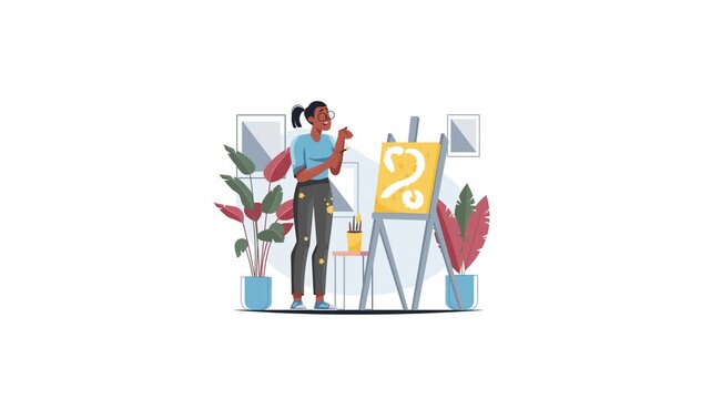 Animated creative woman painting question mark on easel in art studio