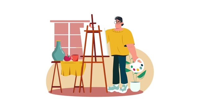 Male artist in studio beside easel and still life, vector illustration