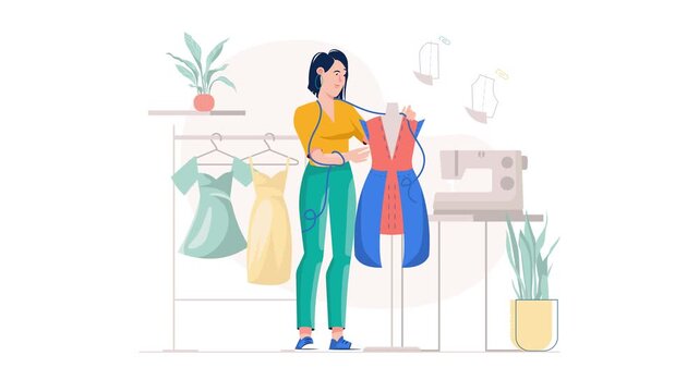 Fashion designer tailoring dress in sewing studio flat vector animation