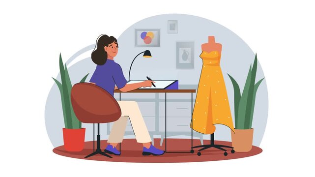 Animated fashion designer sketching dress beside mannequin in studio