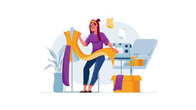 Animated female tailor creating custom dress at sewing machine studio