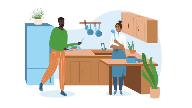 Animated couple cooking together in modern kitchen with fresh ingredients