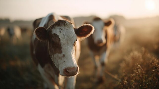 Close-up of a cow's face in a field. the cow is facing the camera and is looking directly at the camera. it has a white face with brown spots and a pink nose.