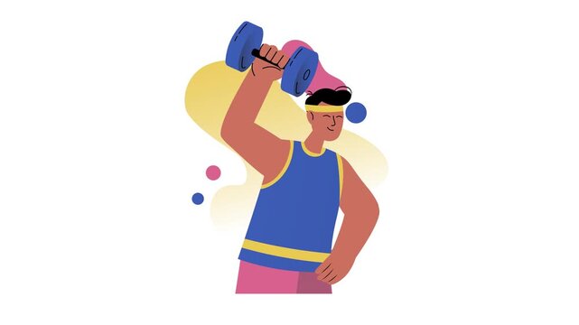 Colorful flat animation of man lifting dumbbell in workout scene