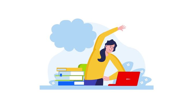 Young woman stretching at laptop with books and chat bubbles, flat animation