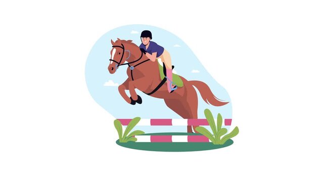 Animated equestrian rider and horse jumping obstacle in vector illustration