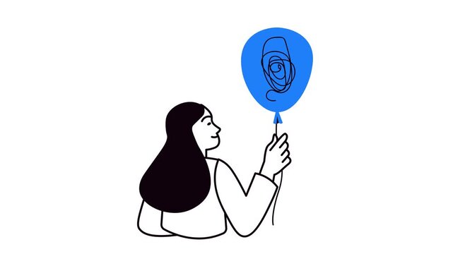 Animated woman holding blue balloon with tangled scribble on white