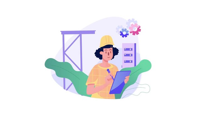 Animated female construction engineer at site reviewing plans on a clipboard