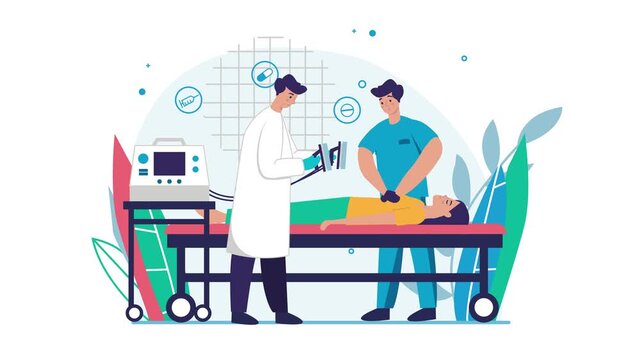 Medical team performing diagnostic procedure on patient in clinic animation