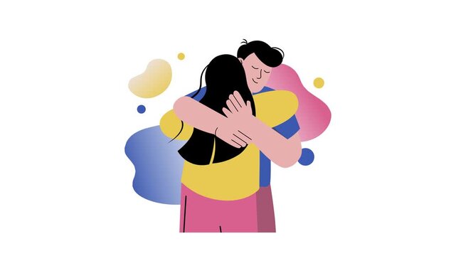 Animated couple embracing in colorful abstract composition on white background