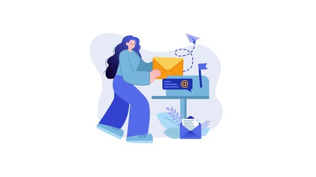 Animated woman sending email and letter at mailbox illustration