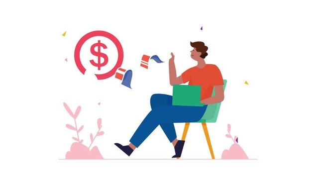 Animated freelancer using laptop with online income and dollar icon