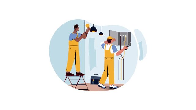 Electricians installing light and wiring panel in animated vector scene