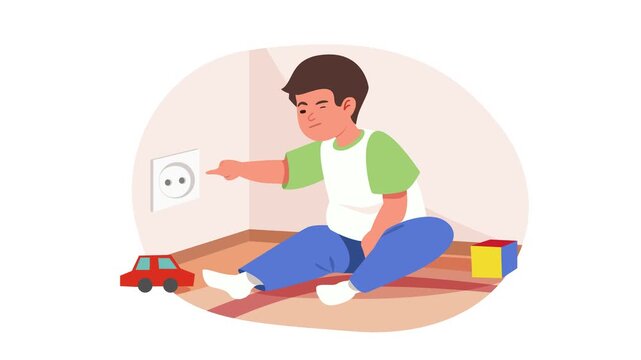 Animated cartoon boy pointing at wall outlet in toy-filled room