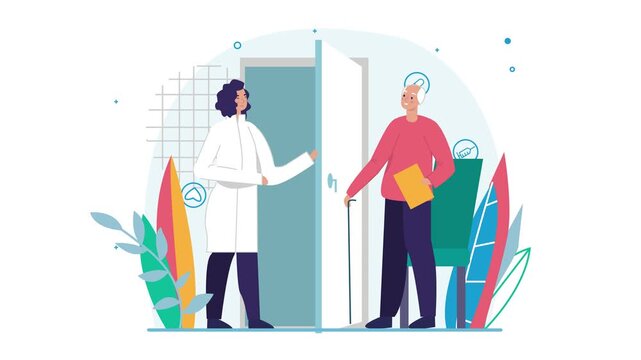 Doctor greeting senior patient at open door in animated healthcare scene