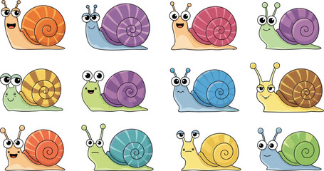 Cute colorful snail characters set with funny expressions cartoon mollusk collection playful vector illustration design © Sumon Creative