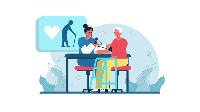 Elderly patient receiving medical checkup from doctor in clinic animation