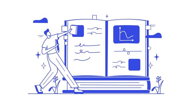 Animated student editing giant open book with charts and notes
