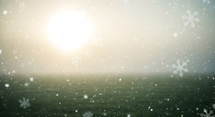 Fototapeta premium Snowy landscape with blurred sun and falling snowflakes in the countryside