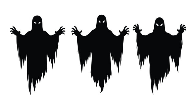 Three eerie ghostly figures with glowing eyes