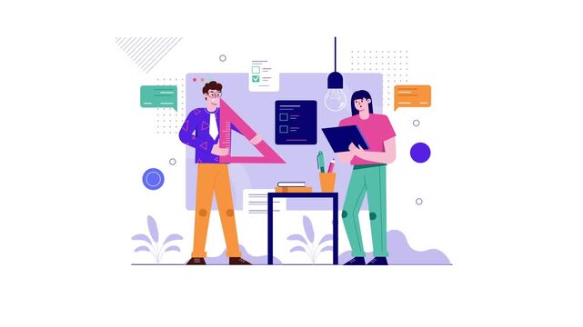 Flat vector creative team collaborating with laptop in modern office