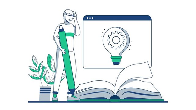 Animated young man with giant pencil beside open book and idea screen