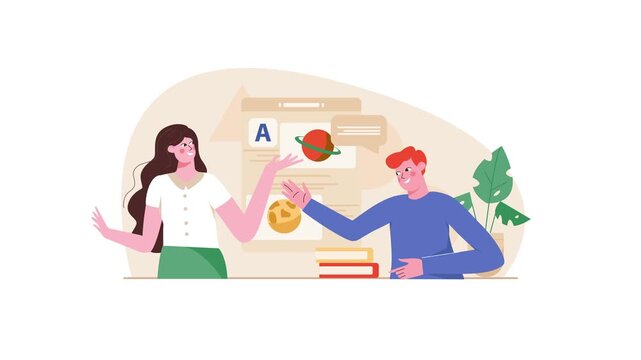 Animated flat illustration of man and woman learning online with chat bubbles
