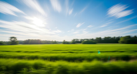 Naklejka premium A serene and vibrant green field under a bright blue sky with sun rays and wispy clouds on a sunny day