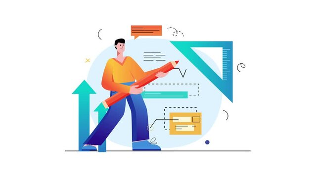 Animated designer holding giant pencil with growth arrows and UI elements