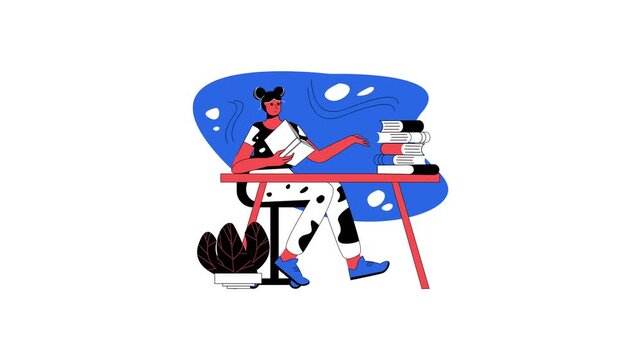 Woman reading book at desk with stack of books flat vector illustration