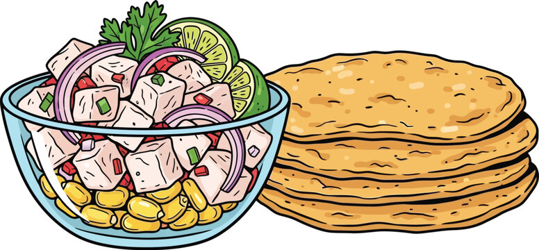 Illustration of Ceviche with corn and tortillas