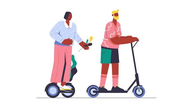 Man and woman riding scooter and hoverboard in flat vector animation