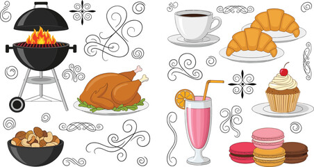 Food and dessert collection with barbecue grill roasted chicken coffee croissant cupcake macarons and milkshake in decorative flat vector illustration set © Sumon Creative