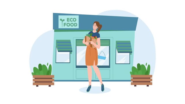 Woman carrying grocery bags outside eco food store, flat vector illustration