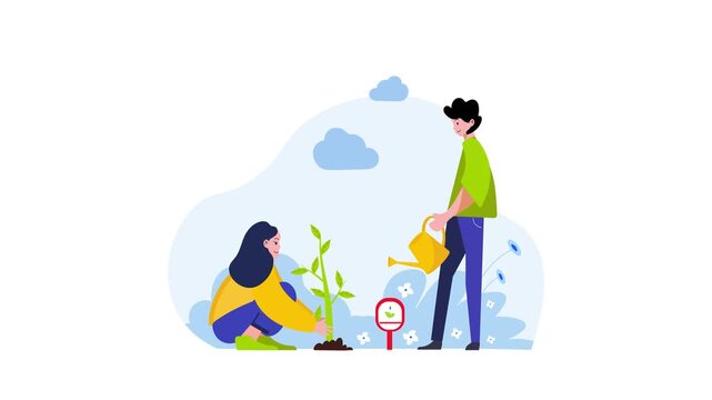 Flat animation of two people planting and watering a young tree in garden