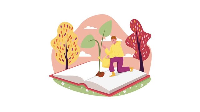 Gardening character watering plant from open book in autumn nature animation