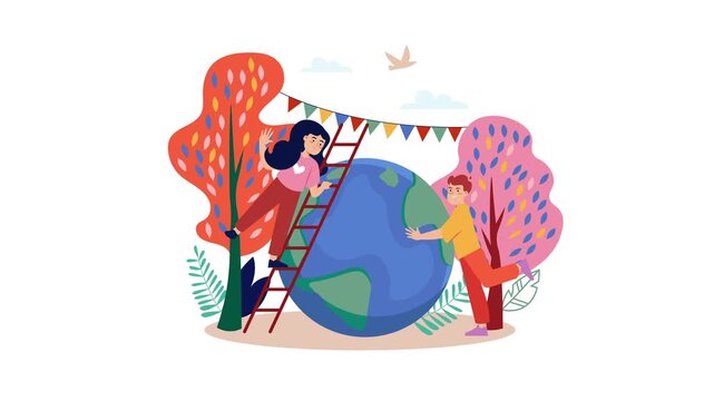 Animated people decorating Earth for eco celebration in colorful garden