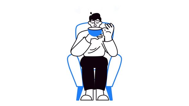 Relaxed person drinking tea while seated in chair, vector animation